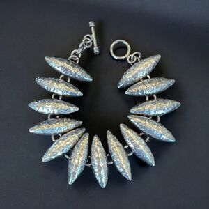 Mexican Sterling Silver 925 Hammered Marquise Shape Panel Bracelet 7.5” - 36g